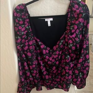 Leith Black and Pink Ruffled Wrap Blouse